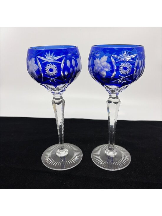 Ajka Other - Vintage Ajka Marsala Cobalt Blue Tall Hock Wine Glasses Cut to Clear Pair 8"